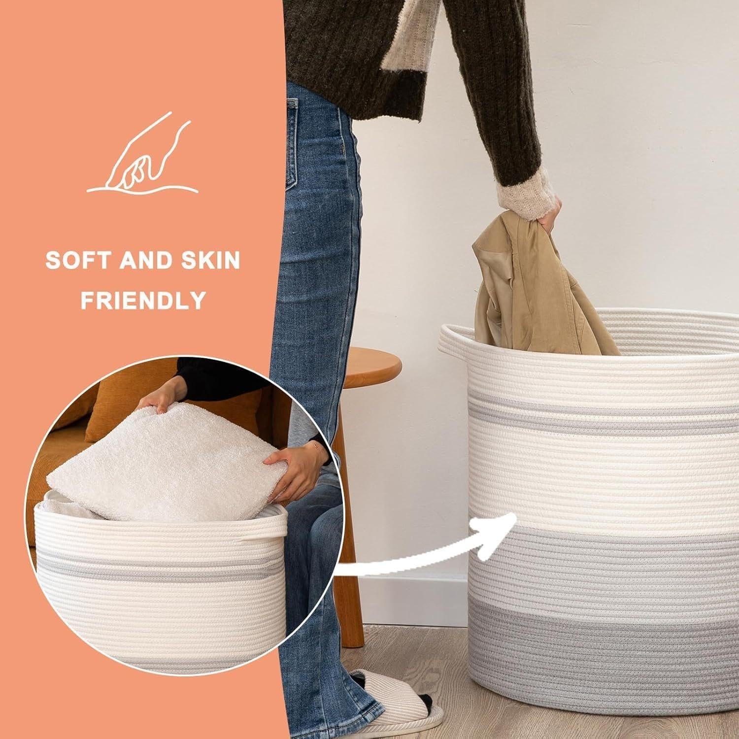 Dirty Clothes Basket with Handles, Wicker Basket for Storing Blankets, Clothes, Towels, Large Jute Laundry Basket for Bedroom, Living Room, Tall Laundry Tub 58L, Gradient Gray