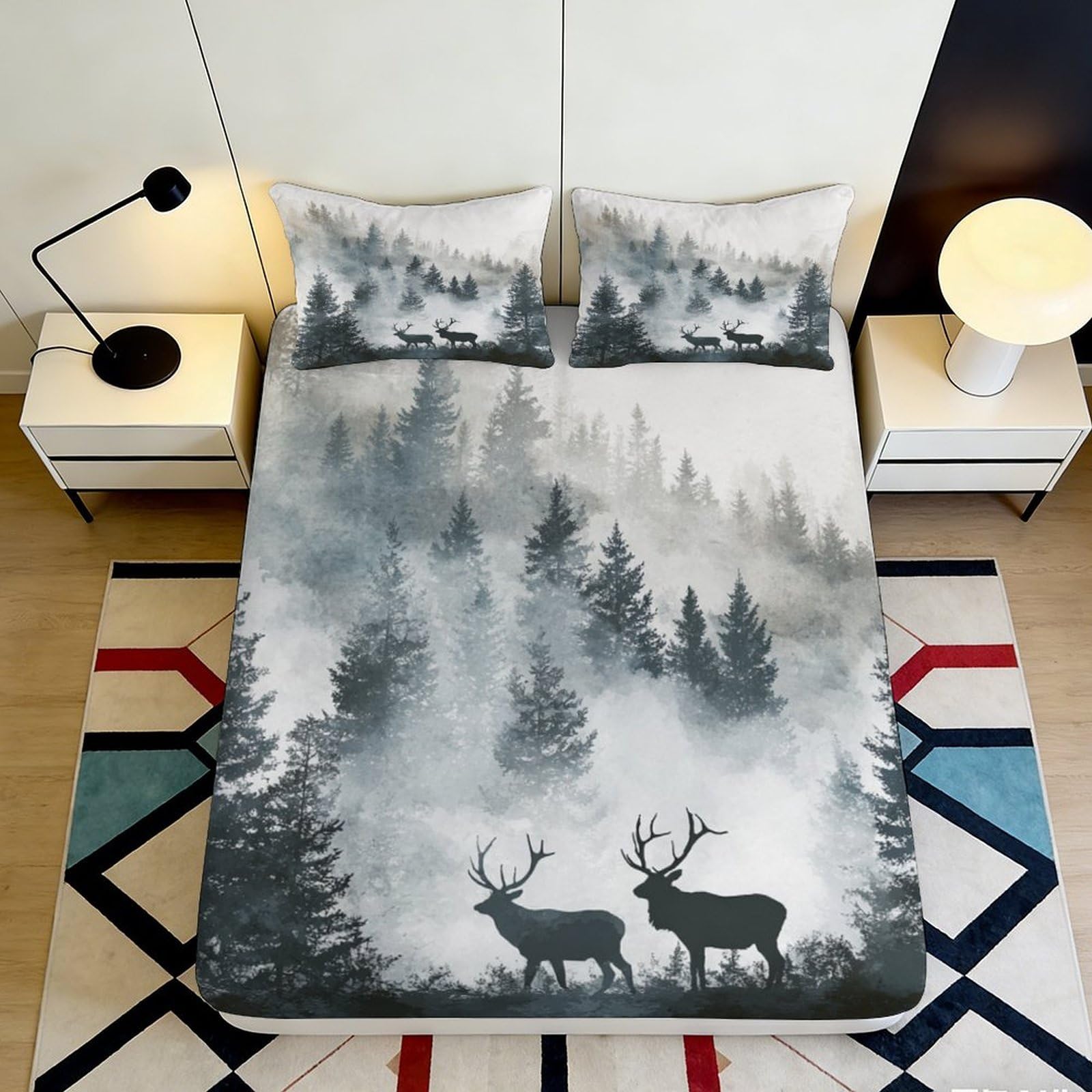 3D Printed Misty Forest Fitted Sheet Microfiber Soft Deer Woodland Mattress Cover for Bedroom Dorm Decor Protection 90x200x25cm