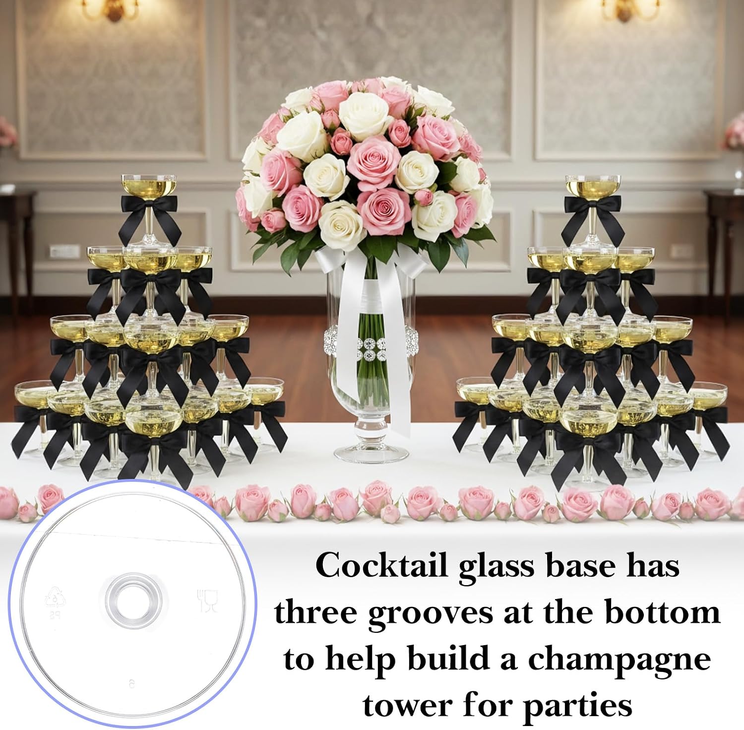 50 Sets Champagne Coupe Cocktail Glasses, 4oz Small Acrylic Martini Glasses with Satin Ribbon Black Bow, Plastic Margarita Martini Cups, Reusable Champagne Cups for Party, Home, Bar, Wedding