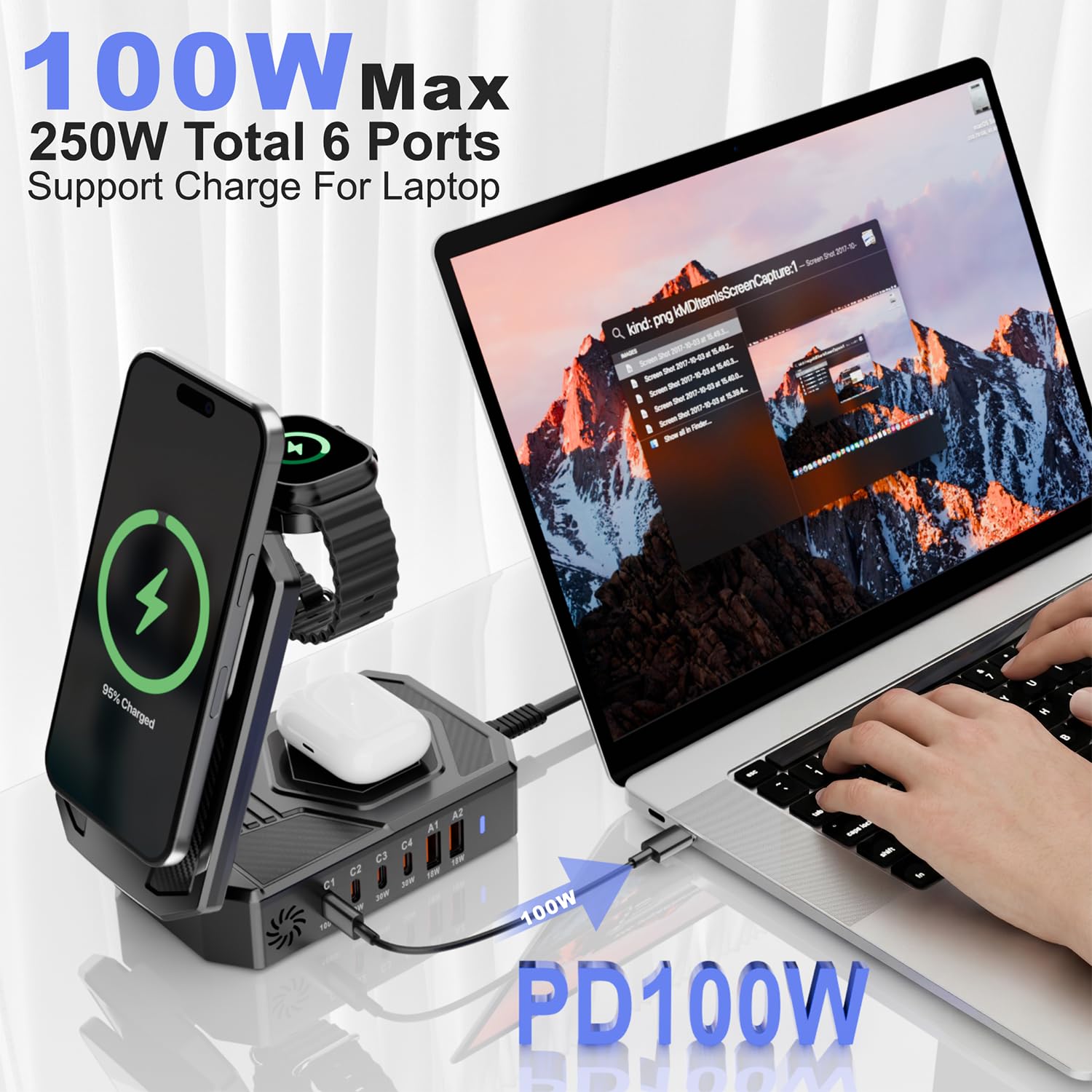 Estación de carga magnética plegable 9 en 1, concentrador de 250 W con USB-C de 100 W para portátiles, base inalámbrica 3 en 1 para teléfonos/relojes/auriculares