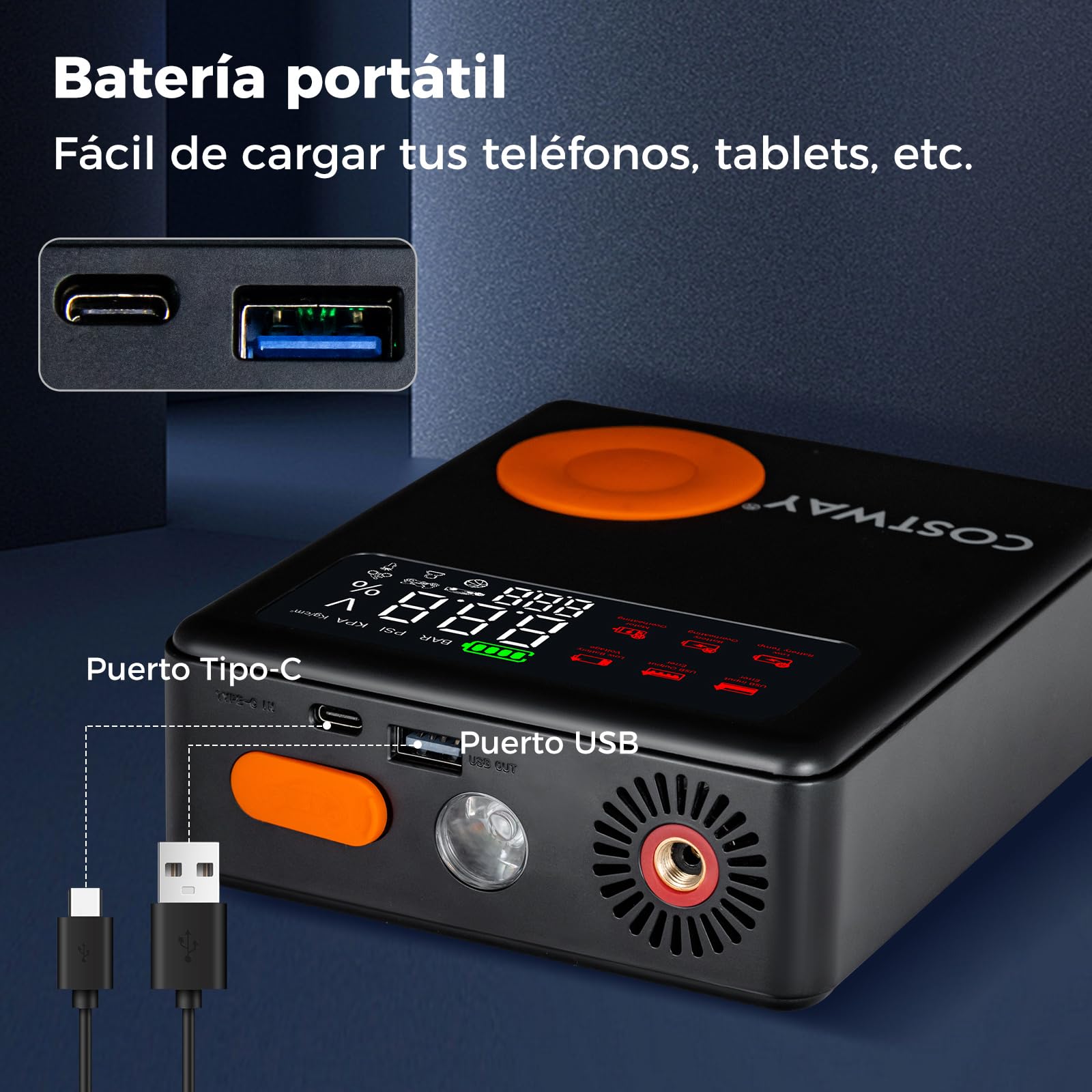 COSTWAY Arrancador de Batería de Coche, 2000A 12V 13000mAh con Compresor de Aire, Inflador de Neumáticos Digital de 150PSI, Pantalla LED, y Luz de Emergencia, para 8L de Gasolina y 5L de Diésel