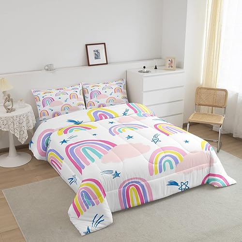 Miniatura 2 de Juego de edredón arcoíris para niñas y niños edredón de nube de sol de dibujos animados decoración de habitación Kawaii tamaño matrimonial a rayas