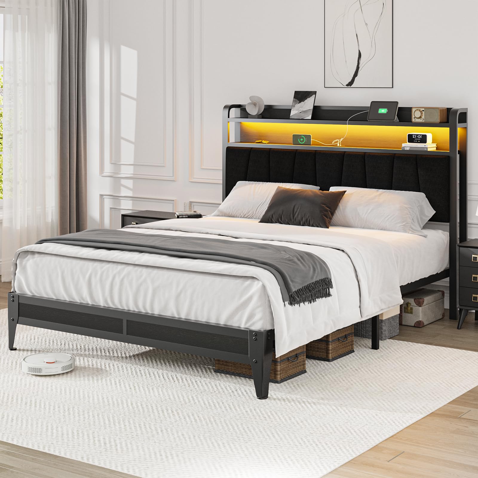 PROZENBDING Lit 160x200 avec sommier, Cadre de lit avec LED et Prise USB, Rangement 2 Niveaux dans la tête de lit, lit Double avec Lattes – sans Matelas, Noir