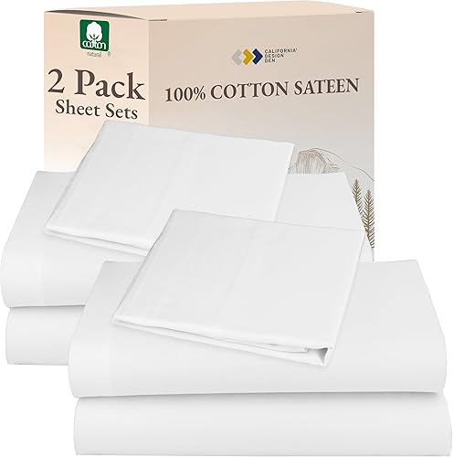 California Design Den - Paquete de 2 juegos de sábanas 100% algodón, suaves y duraderas, con esquinas profundas, refrescantes, de tejido de satén,