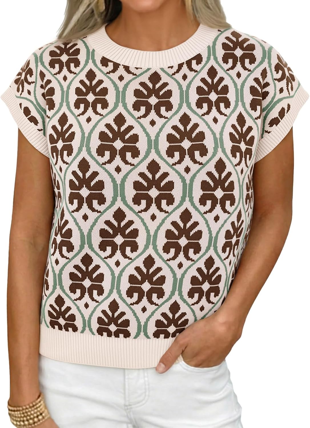 Cicy Bell Women’s Sweater Vest Summer Floral Cap Sleeve Sweaters Crew Neck Dressy Casual Knit Trendy 2026 Tops