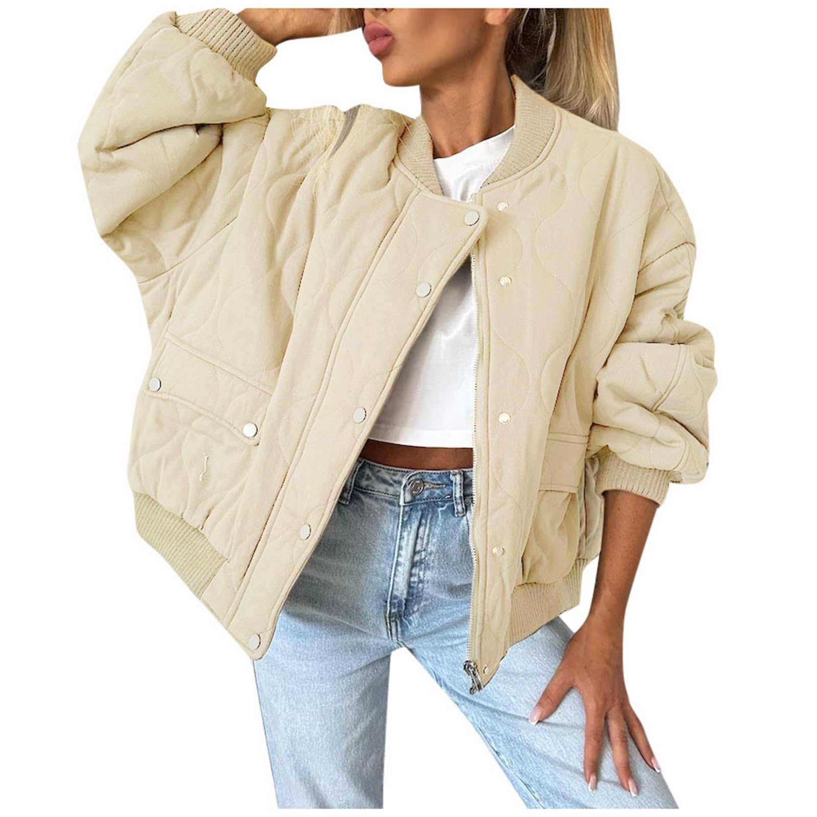 Sweatshirt Damen Ohne Kapuze Oversized Sweatjacke übergangsjacke Jacken Lässig Langarm Mantel Elegant Stehkragen Pufferjacken Winterjacke Warm Bomberjacke Knöpfen Winterparka Einfarbige