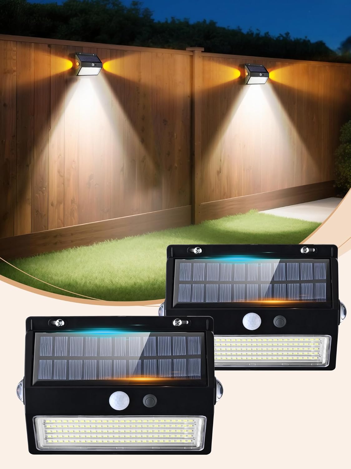 Solar Wall Lights Outdoor Waterproof with 8500K Cool White Main Light & Warm Gold Sidelights,5 Modes Solar Motion Lights Outdoor Waterproof IP65,Flood Lights for Fence/Deck/Yard/Garden/Outside
