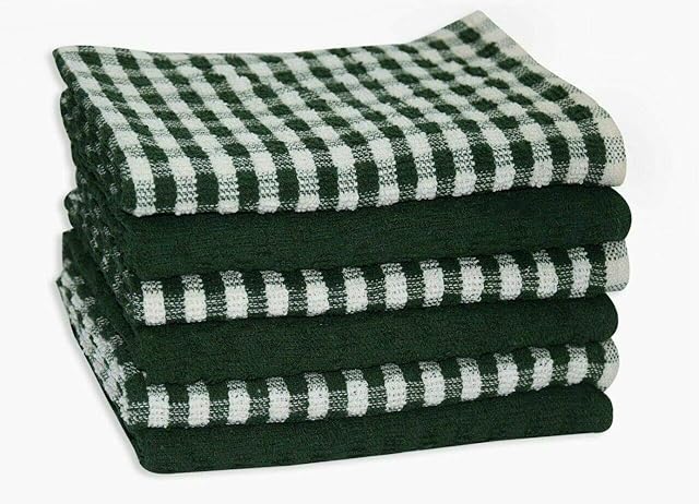 8 JUMBO Tea Towel 100% Cotton Terry Mono Check Kitchen Dishcloth Cleaning Drying (Forest Green)