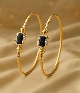 SHANKHRAJ MALL Gold Plated Heart Bangle Bracelet, Twisted Rope Design with Black and Crystal Accent, Adjustable Cuff Styl... Price In India