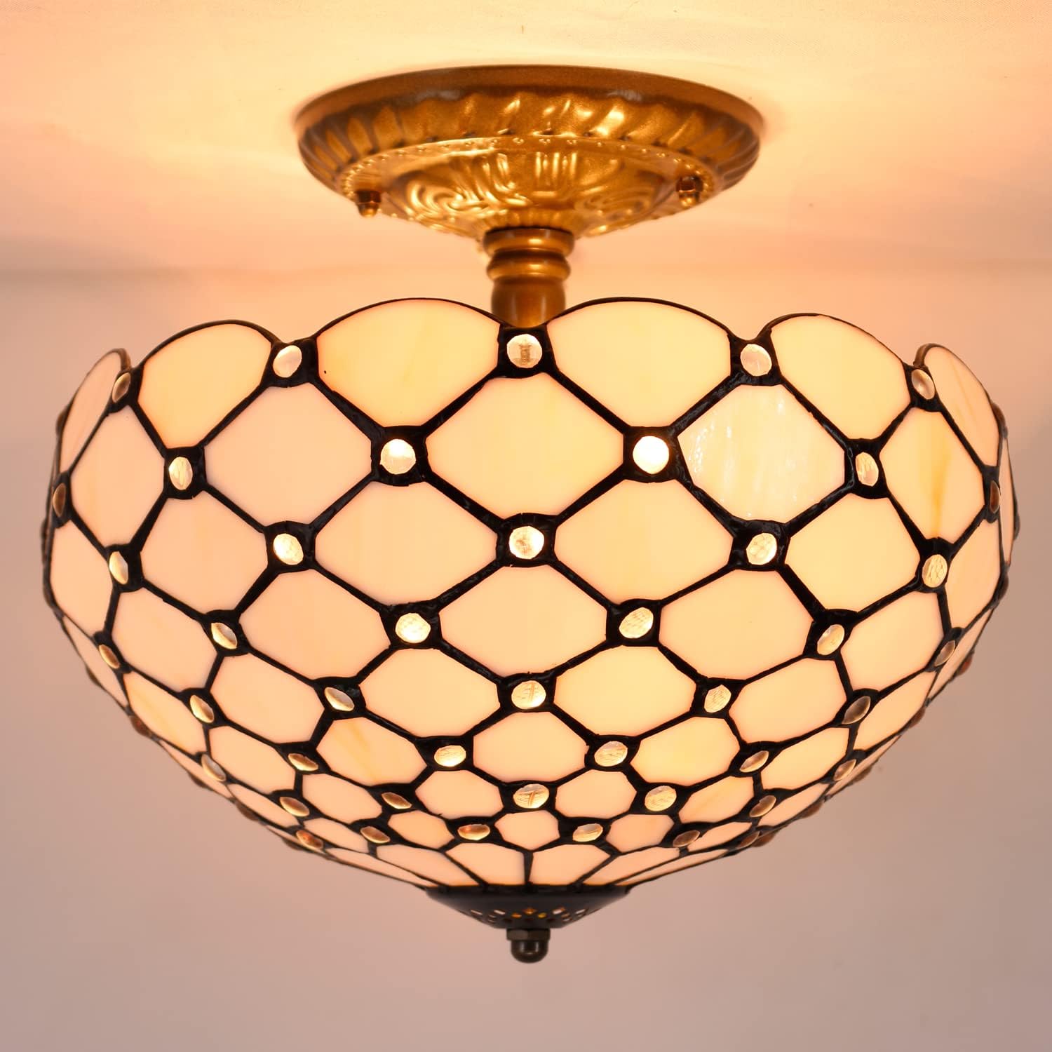 WERFACTORY Tiffany Ceiling Light Fixture Cream Amber Stained Glass Bead 12 Inch Semi Flush Mount Lamp Wide 12 Inch, Height 11 Inch S005 Series