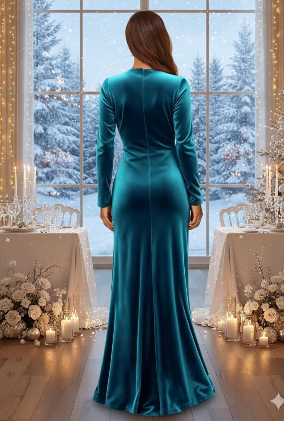 Velvet Long Sleeve Wedding Guest Dress with Slit Floor Length Bridesmaid Dress for Women - Image 2