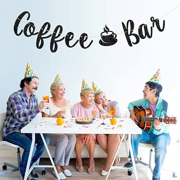 Talorine Coffee Bar Banner, Bridal Shower, Engagement, Wedding, Bar Party Decorations (Black Glitter)