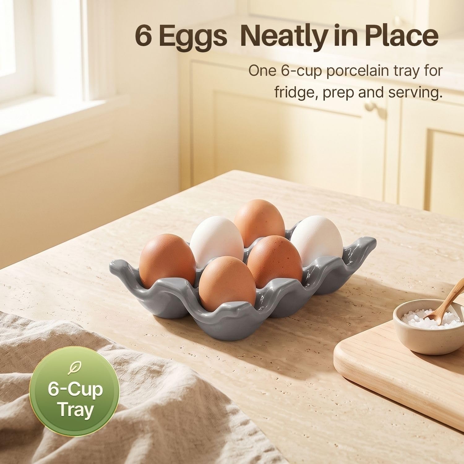 Flexzion Ceramic Egg Holder for Fridge, 6-Cup Porcelain Egg Tray, Gray