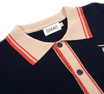 OXKNIT Men's Knit Short Sleeve Shirts Button Down Vintage Knitted Polo Shirt Owl Pattern Dark Blue Cotton Polo