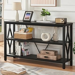 HOMISSUE Sofa Console Table, Rustic Console Table with 3-Tier Storage, Engineered Wood Sofa Tables with Open Shelves, Heavy Duty Entryway Tables for Living Room, Hallway (47 Inch, Black)