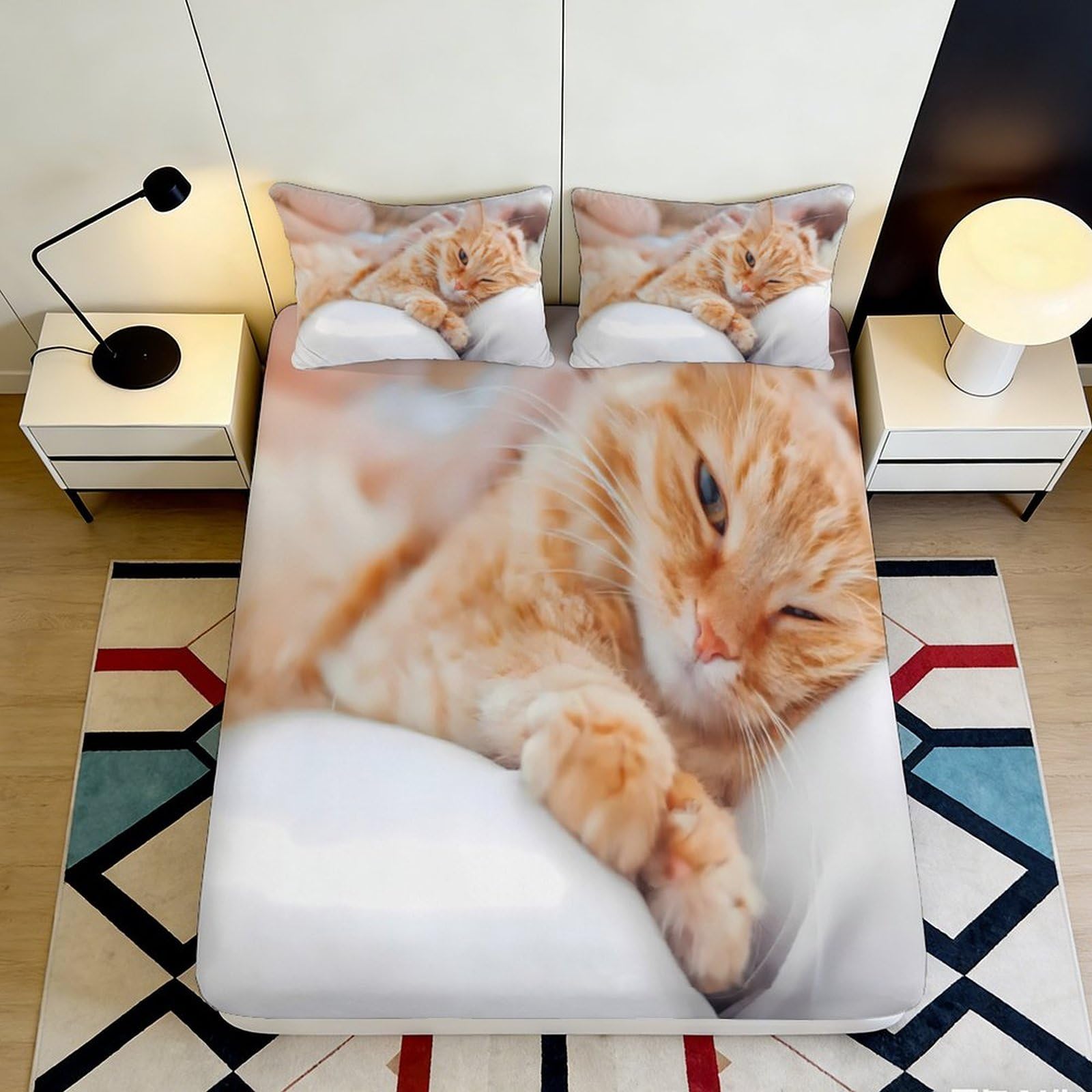 3D Printed Orange Cat Fitted Sheet Microfiber Soft Breathable Sleeping Kitty Mattress Cover for Bedroom Dorm Decor 90x200x25cm
