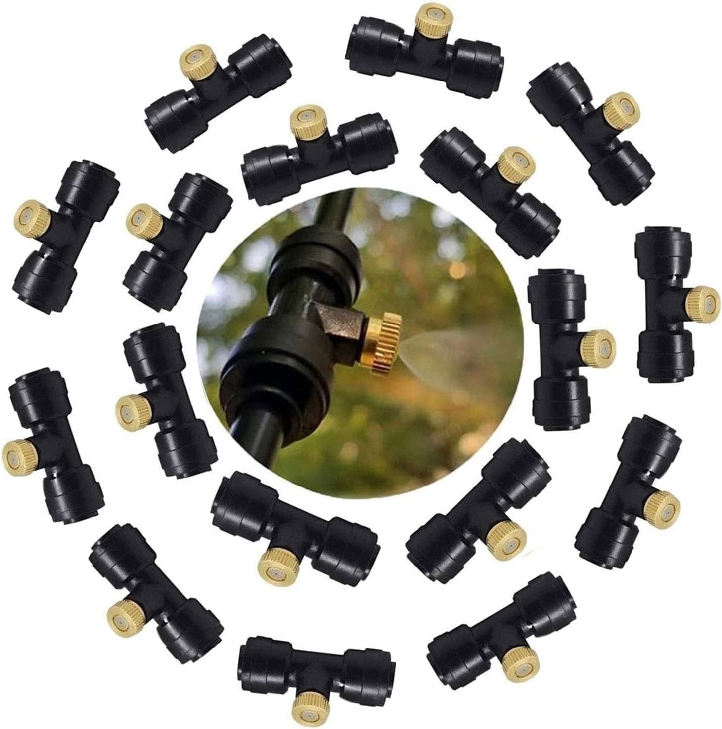 "MMBBOD Misting Nozzles Kit with 1/4'' Slip-Lock Tees for Cooling System, Brass Mister Nozzles, Garden Water Mister, Fog Nozzles for Patio Outdoor Misting System, Black (Color : 30PCS, Size : 0.5mm)"