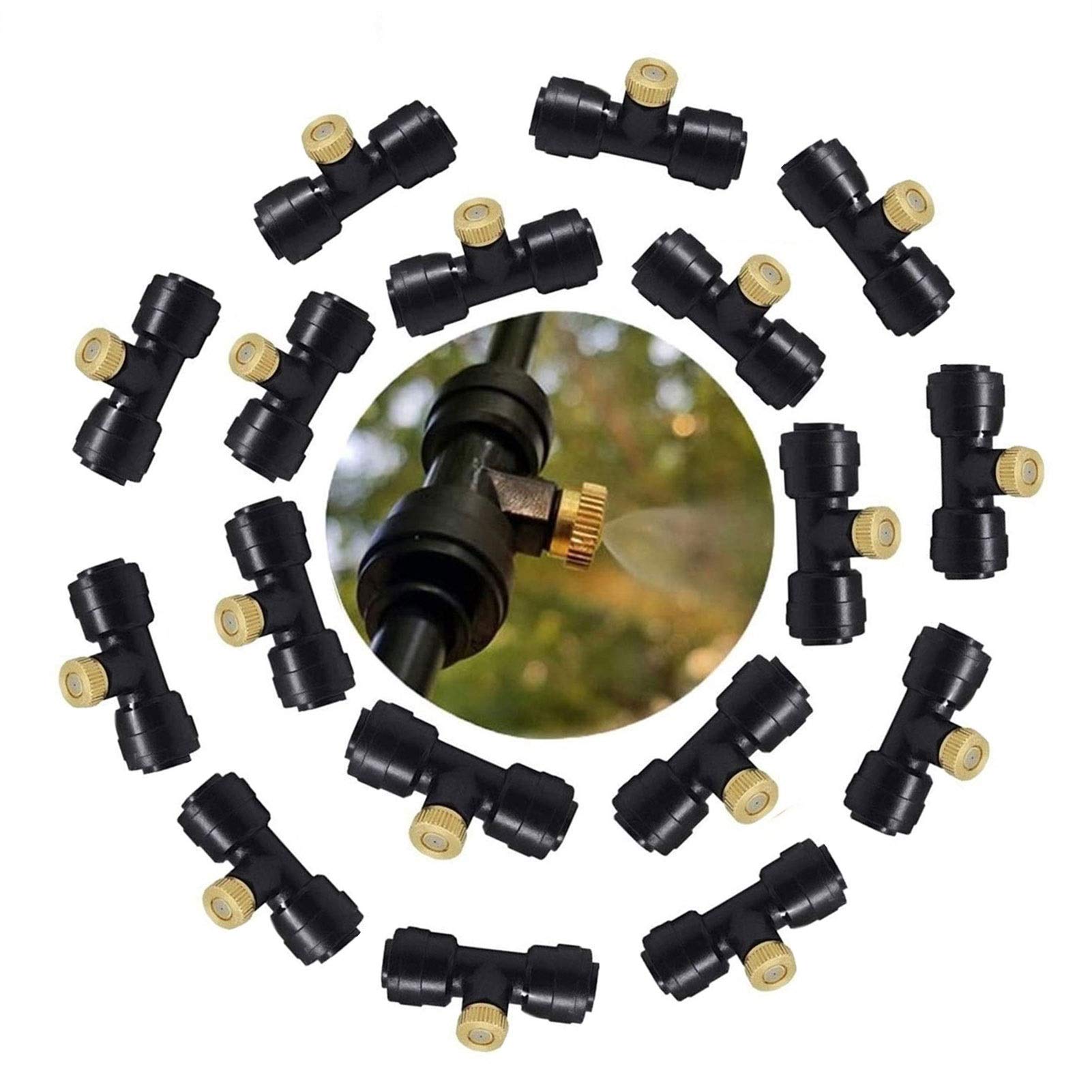 Kit de boquillas nebulizadoras con conectores en T SlipLock de 1/4'' para sistema de refrigeración, boquillas nebulizadoras de latón, nebulizador de agua para jardín, boquillas de niebla para sistem