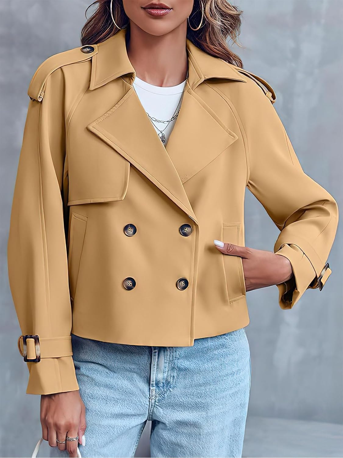 ebossy Women's Double Breasted Short Duster Trench Coat Lapel Loose Windproof Cropped Jacket Coat with Pockets