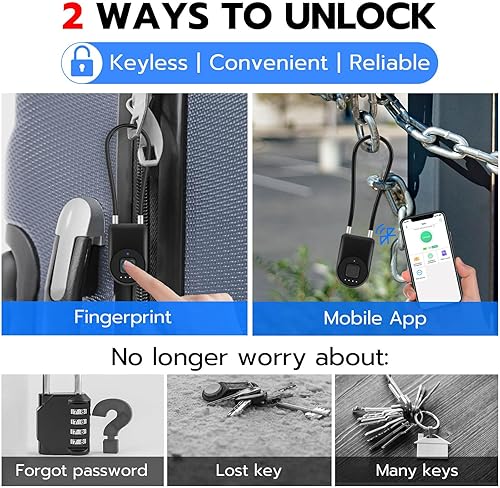 Miniatura 2 de eLinkSmart Cerradura de cable de huellas dactilares, grillete de 3.6 pulgadas de largo, pequeño sin llave, biométrico, impermeable, Bluetooth,