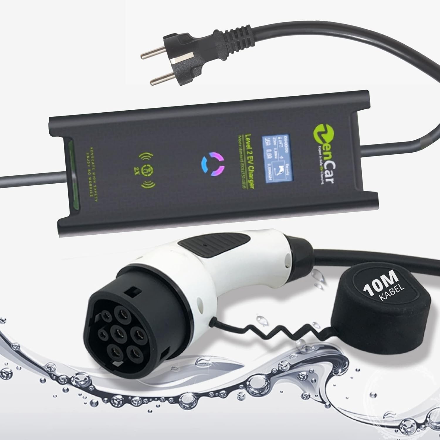 Zencar 10 m Charger EVSE Type 2 Schuko 230V Electric Car 3.6kW Switchable Charging Box 6A/8A/10A/12A/16A Compatible Cable: GLE500e E-Tron 3/S/X/Y ID.3 i3 ZOE Kona Leaf I-Pace 330e/530e/740e etc.