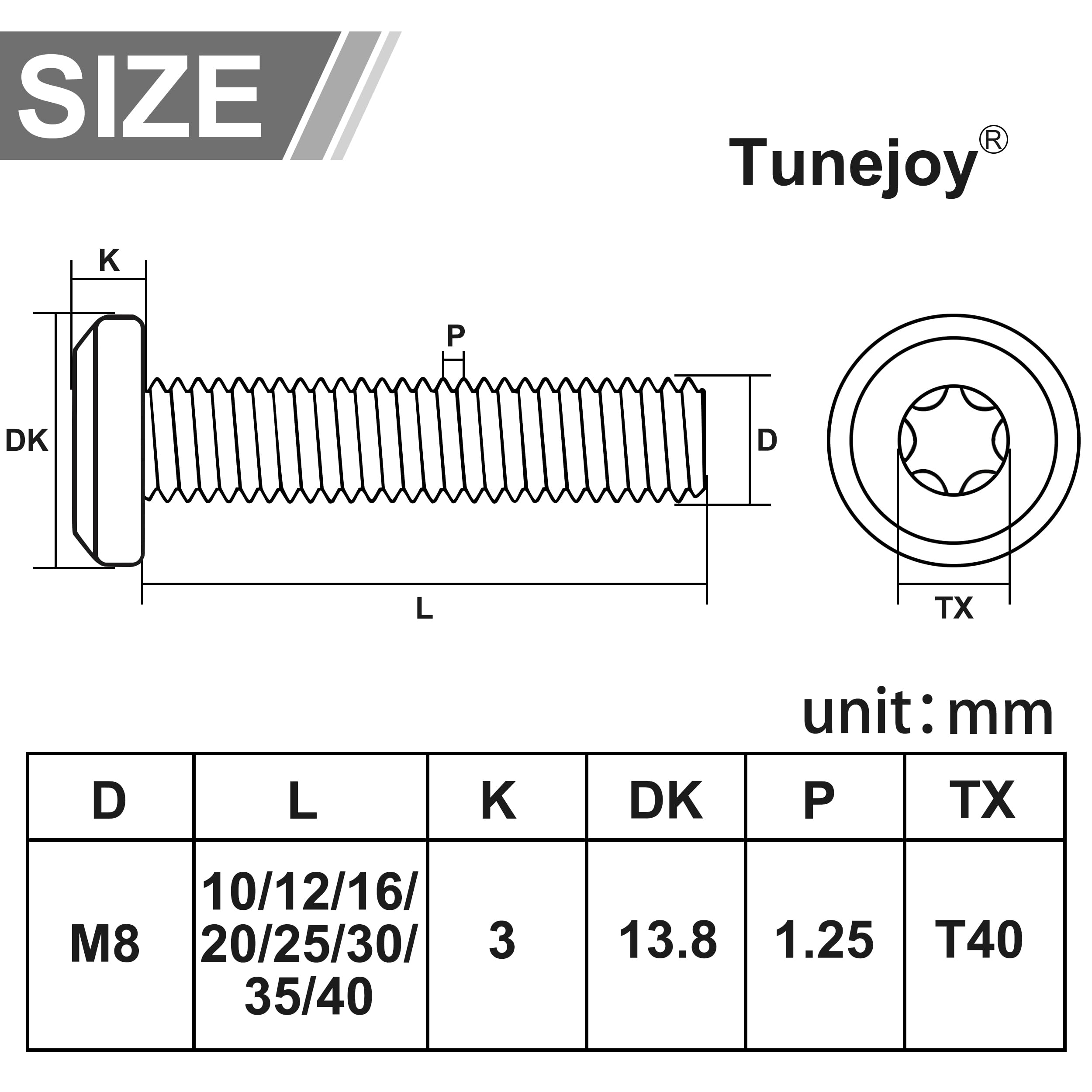 Tunejoy Viti a Testa Piatta Torx M8 x 30 mm Vite a Testa Esagonale Bulloni in Acciaio Inox A2 V2A Bulloni per Mobili con Chiavi a T40 Filettatura Completa 20 Pezzi
