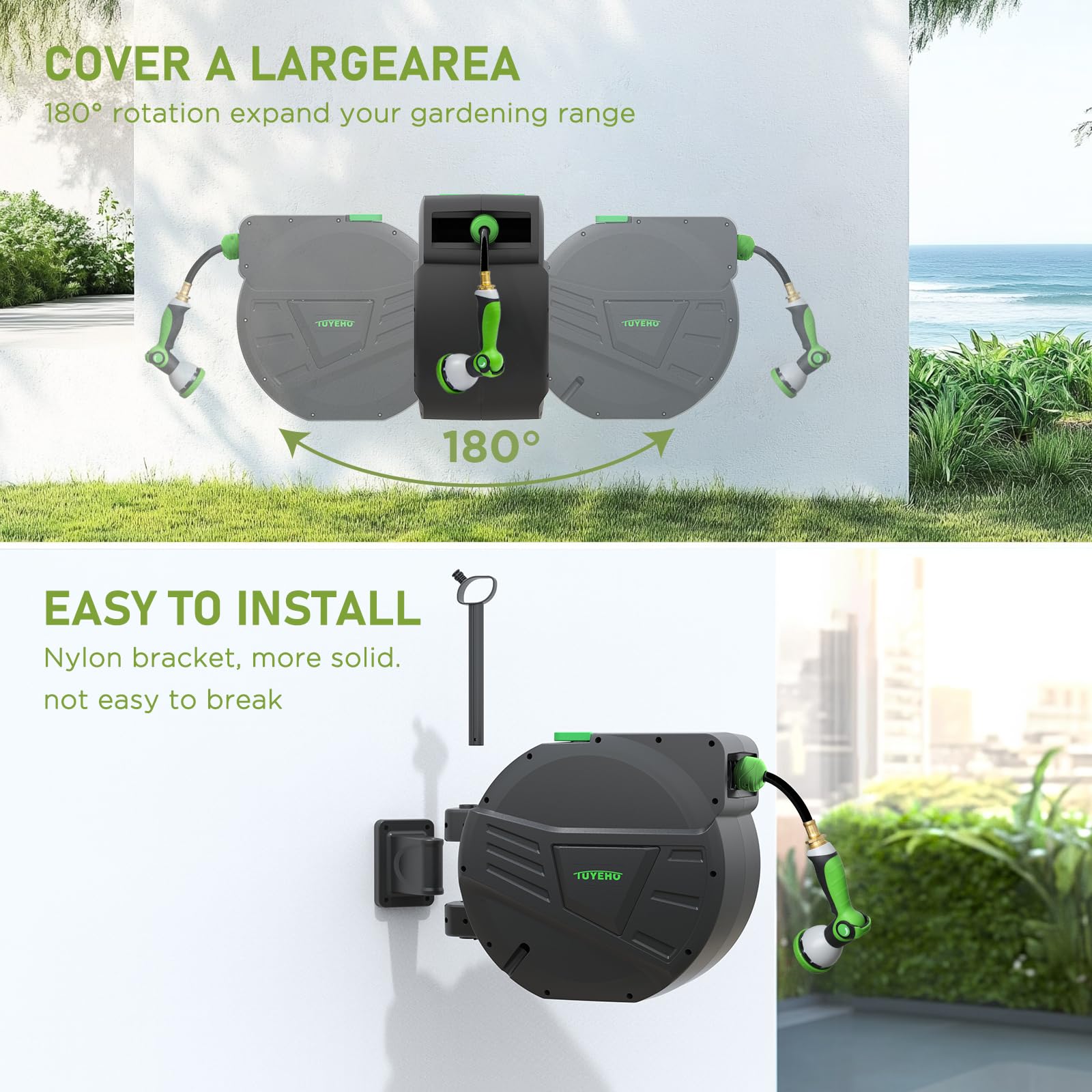 Carrete retráctil para manguera de jardín de 100 pies, montaje en pared resistente, rebobinado lento automático, 2 boquillas
