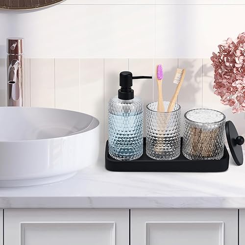 Miniatura 2 de Juego de accesorios de baño, 4 piezas de vidrio transparente, dispensador de jabón de loción, soporte para cepillos de dientes, dispensador de