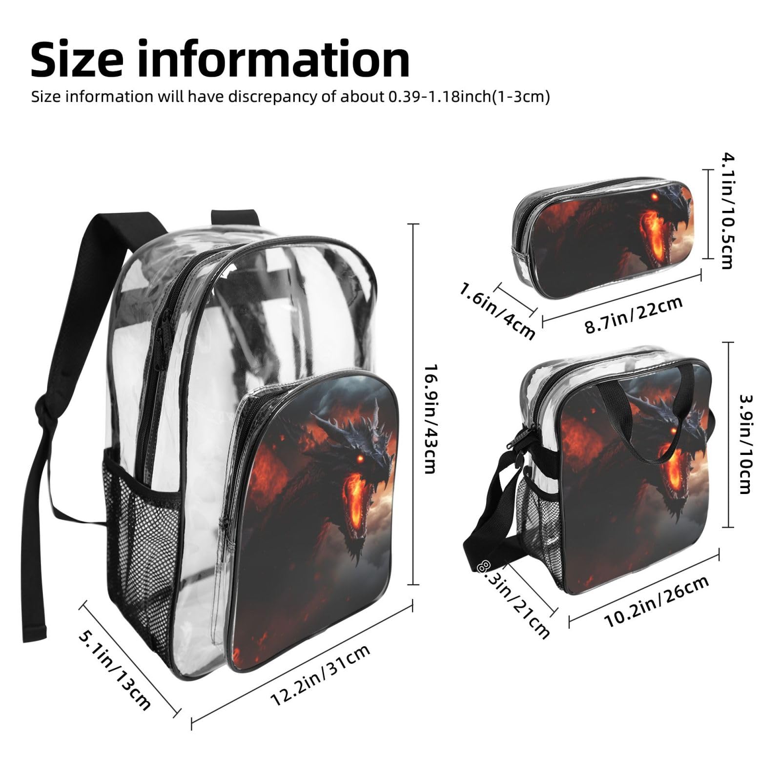 Ensemble de 3 sacs à dos transparents unisexes avec imprimé dragon magique pour l'école, les voyages, l'extérieur, sac à déjeuner transparent