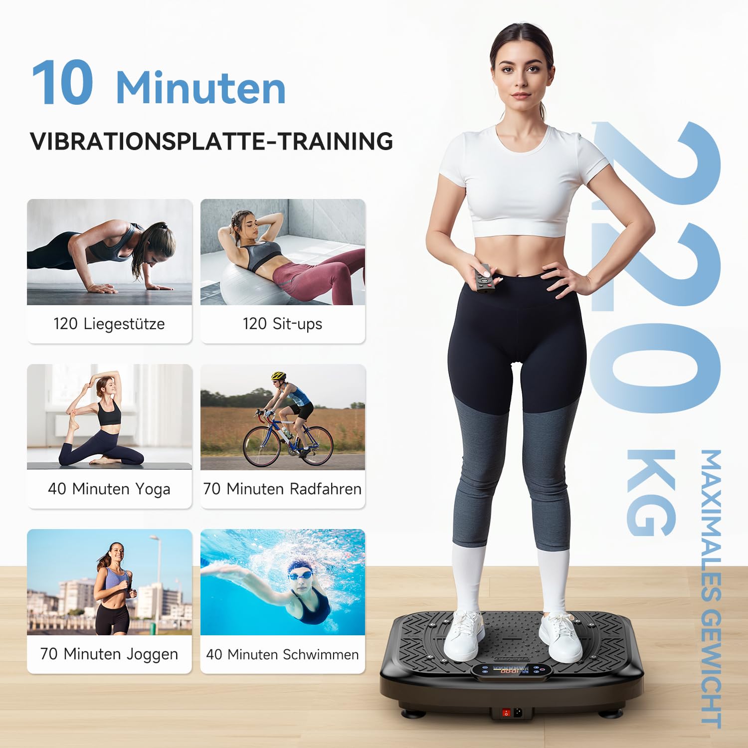 Vibrationsplatte mit App, Rüttelplatte Lymphdrainage bis 220KG | Starker 200W Motor, 199 Stufen Rüttelplatte Fitnessgerät zum Abnehmen, Bluetooth, LED Display & Trainingsbänder für Zuhause
