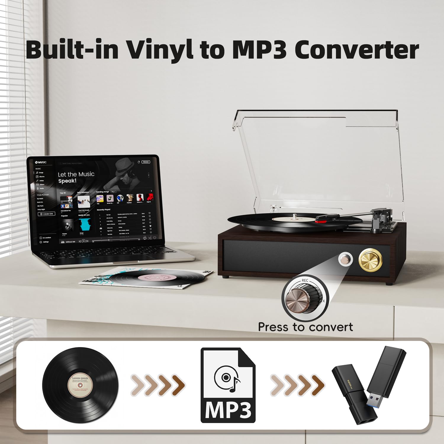 FYDEE Plattenspieler, Vinyl Schallplattenspieler mit Bidirektionalem Bluetooth 5.4, USB-Aufnahme Ohne PC & Wiedergabe, Retro Record Player mit 3-Gang & Dual-Lautsprecher, RCA-Ausgang, Rotbraun