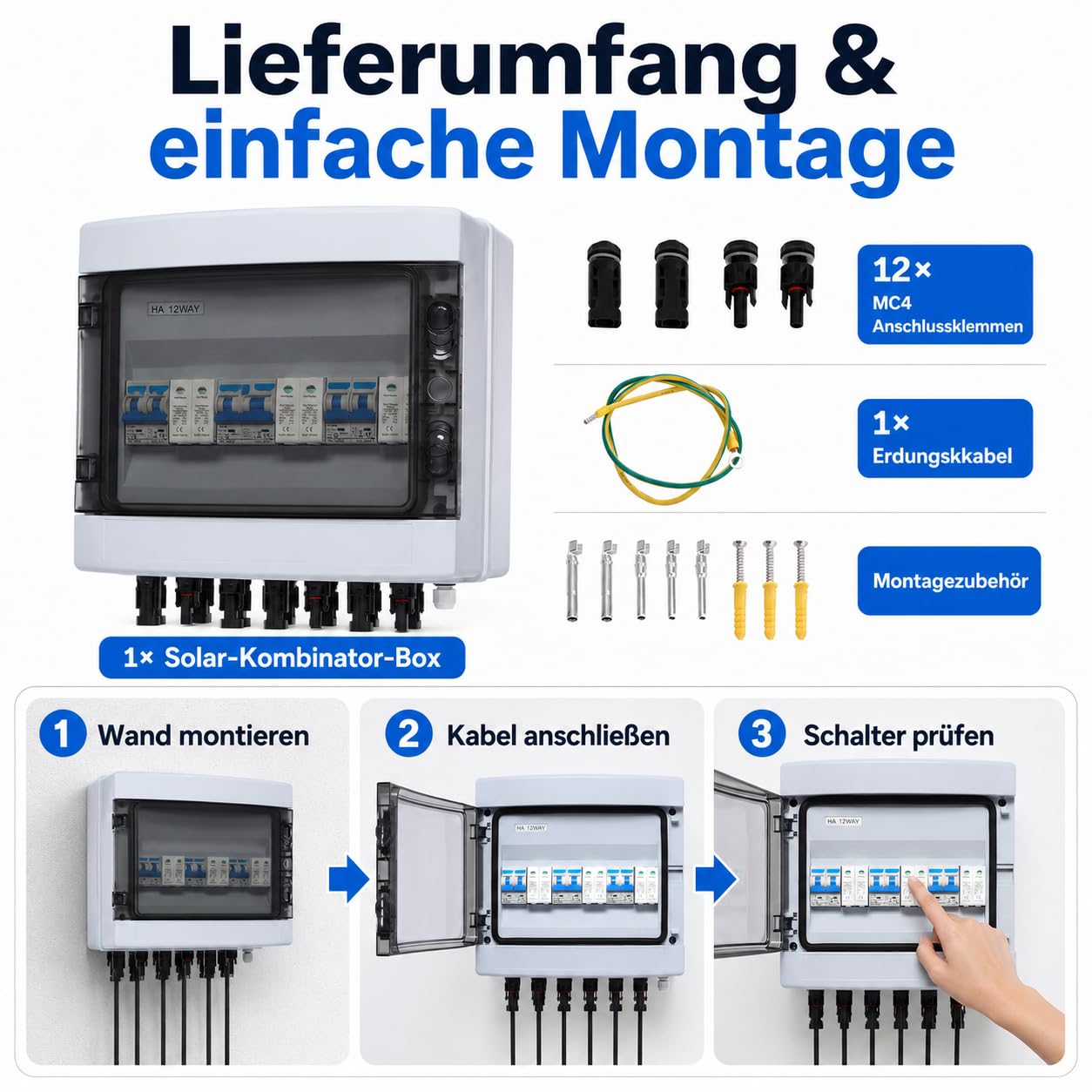 Solarmodule Combiner Box, 6-String (3 in 3 out) DC Solar Überspannungsschutz mit 1000V 40A Trennschalter, IP65 PV-Combiner-Box für Outdoor-Solarmodulen, Wohnmobilen