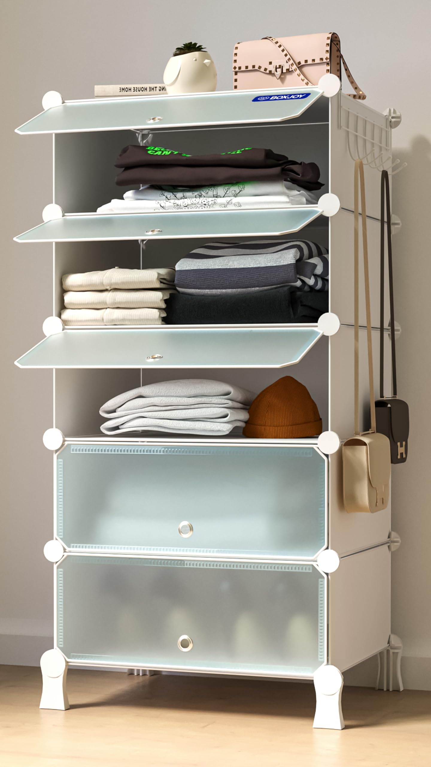 5 Shelf Plastic Almirah Wardrobe Racks with 5 Doors, Magnets & 5 Hook Steel Holder Clothes Storage Collapsible Foldable Multipurpose Cupboard Organizer for Baby Kids Bedroom Toys (Translucent)-image-14
