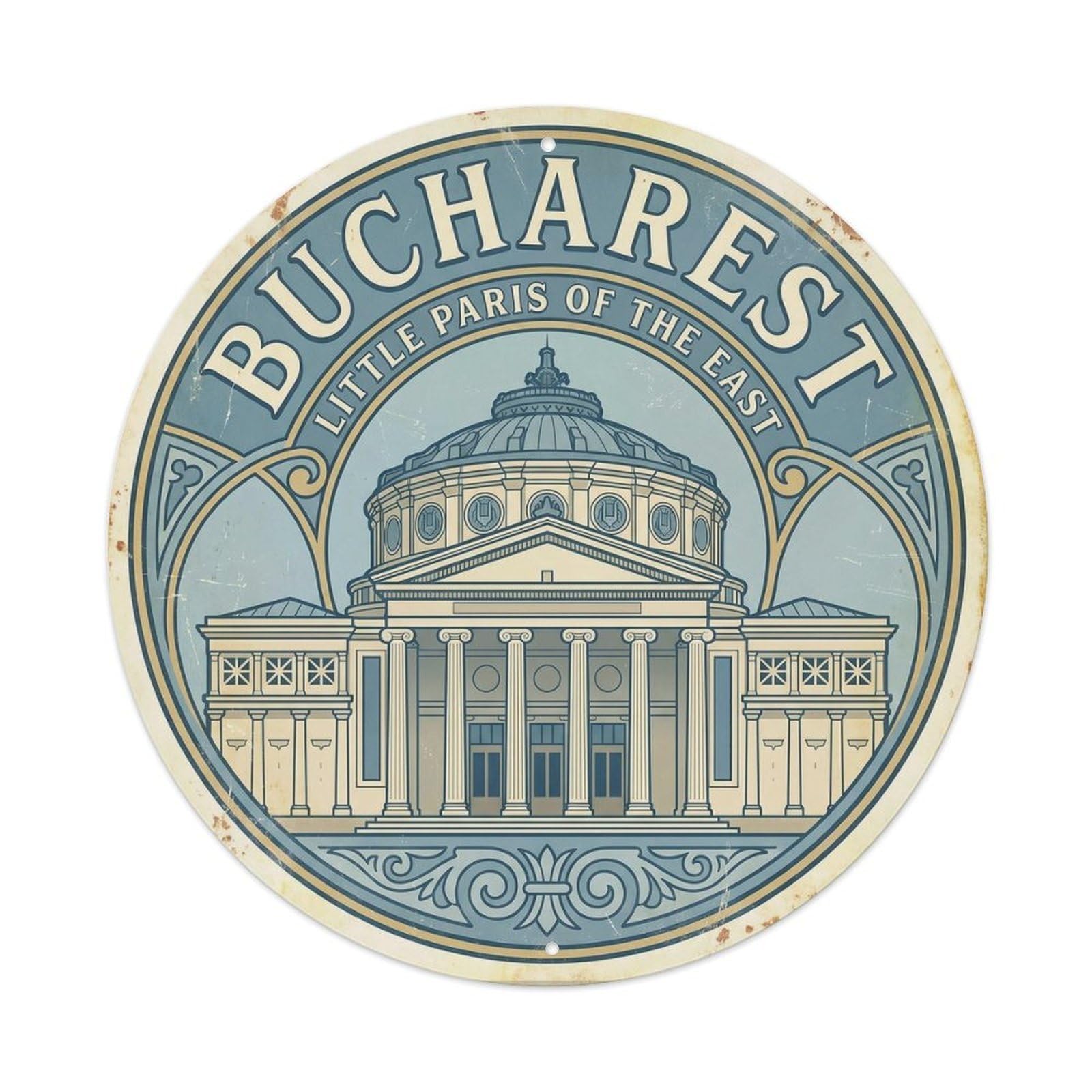 Classic Romanian City Athenaeum Scenic Landmark Europe Metal Tin Sign Plaque Wall Decor for Cafe, Man Cave, Club Bar, Office, Home Garden Round Metal Poster 8x8Inch