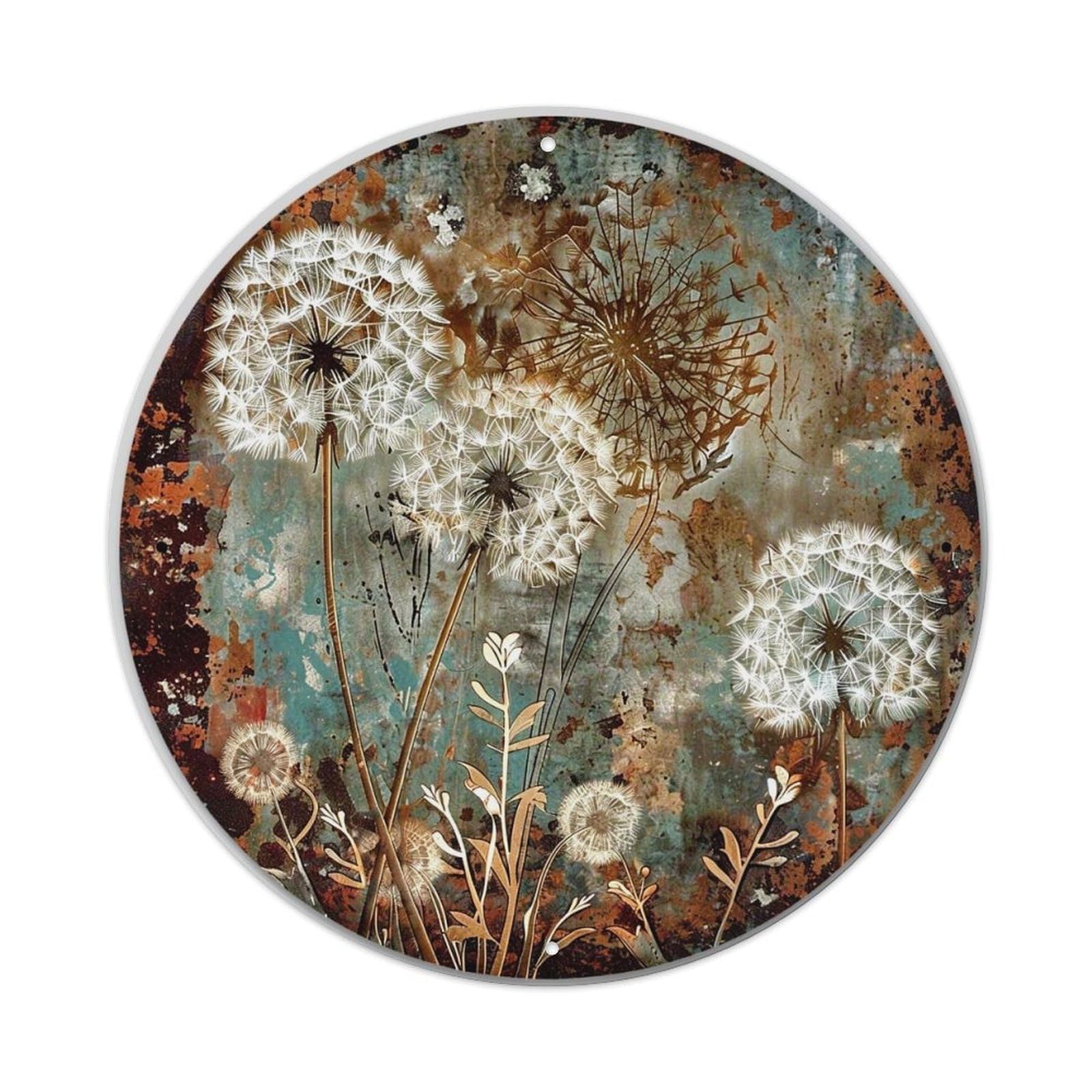 Rustic Dandelion Seed Head Art Vintage Metal Tin Sign Retro Wall Decor for Home Bar Garage Cafe, Indoor & Outdoor Decorative，circle Metal Poster, 8x8 Inch