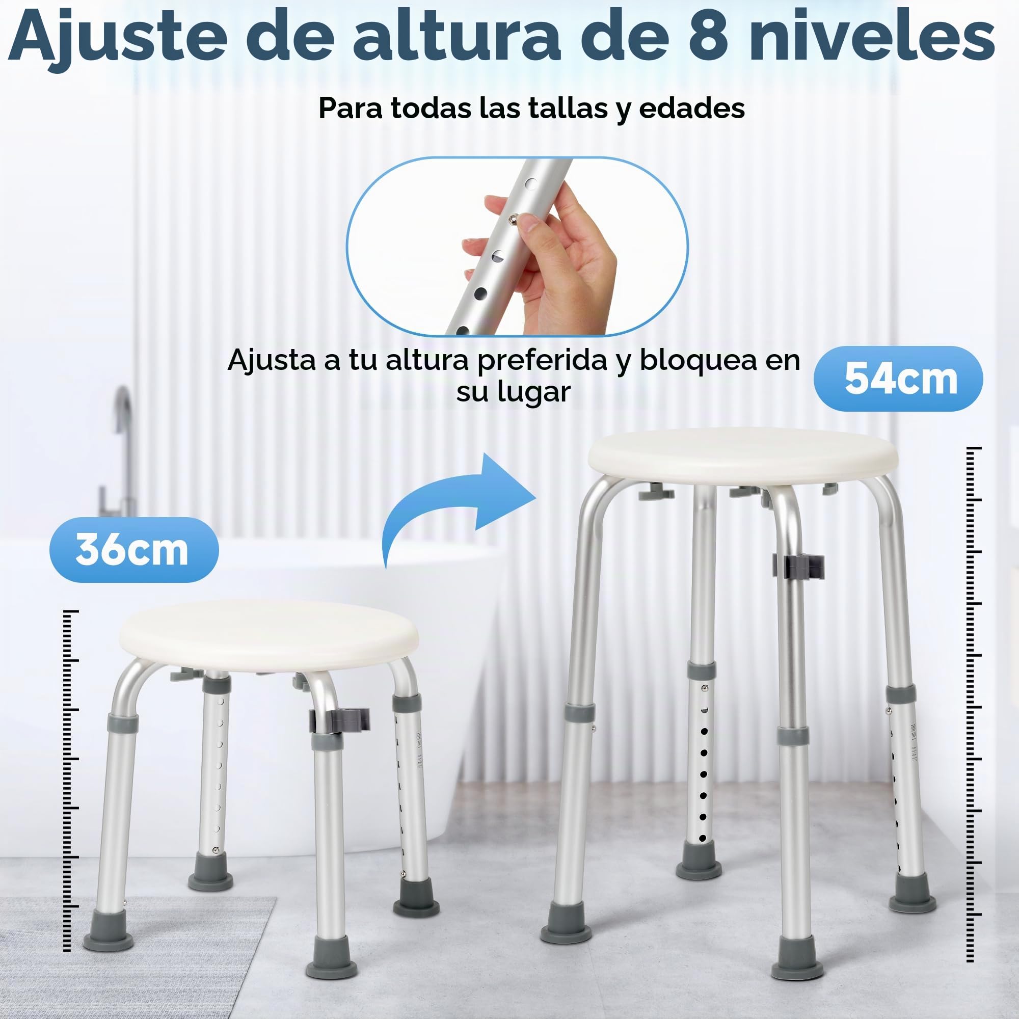 Careboda Taburete Ducha, 34-52cm, 136kg, Aluminio, Antideslizante