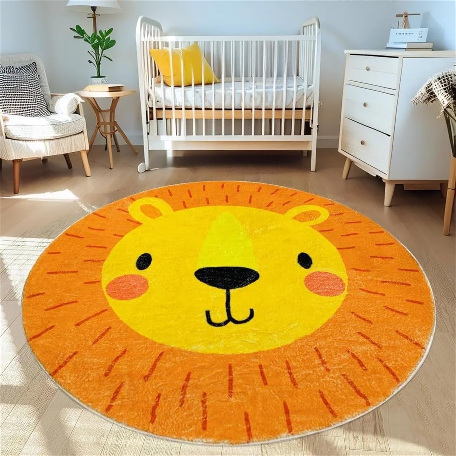 Cartoon Animal Round Rug, 160cm Yellow and Brown Cute Lion Print, Soft Low-Pile Plush Round Area Rug, Soft Fluffy Rugs for Children's Rooms, Non-Slip Non-Shedding Forest Animal Carpet