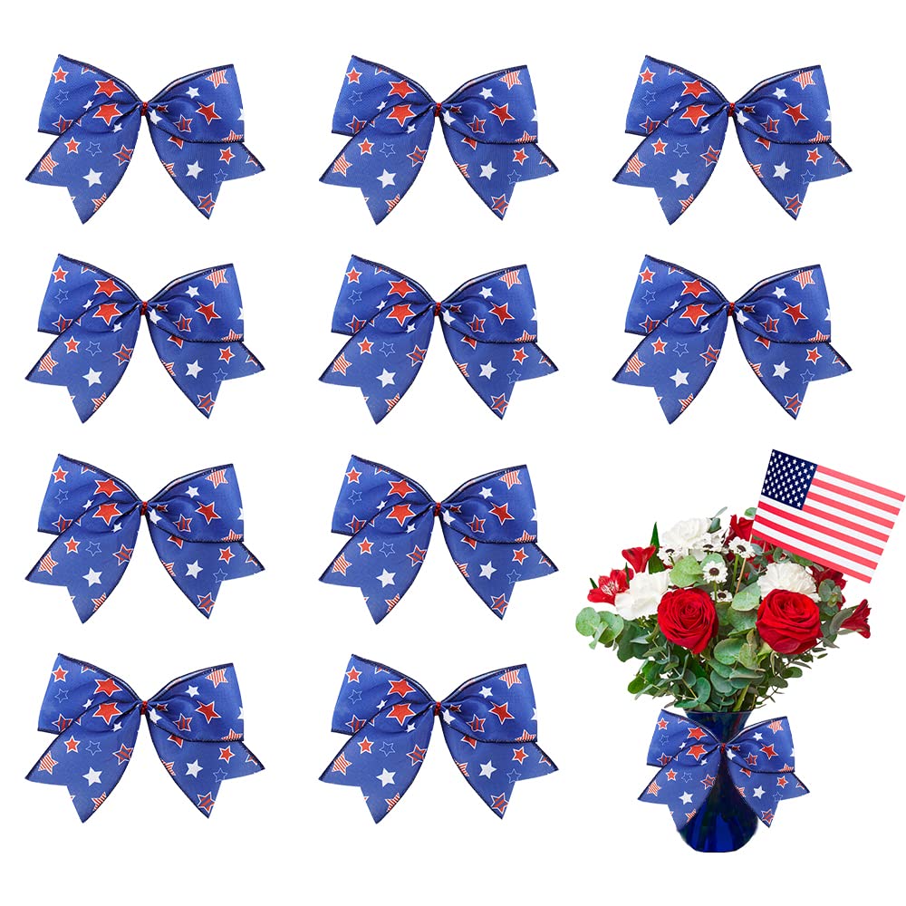 Hying10PCS Patriotic Bows for Wreath, Memorial Day Wreath Bows for Patriotic Décor, Stars Blue Patriotic Bows for 4th of July Front Door Indoor Outdoor Tree Topper Decoration Supplies Ornament