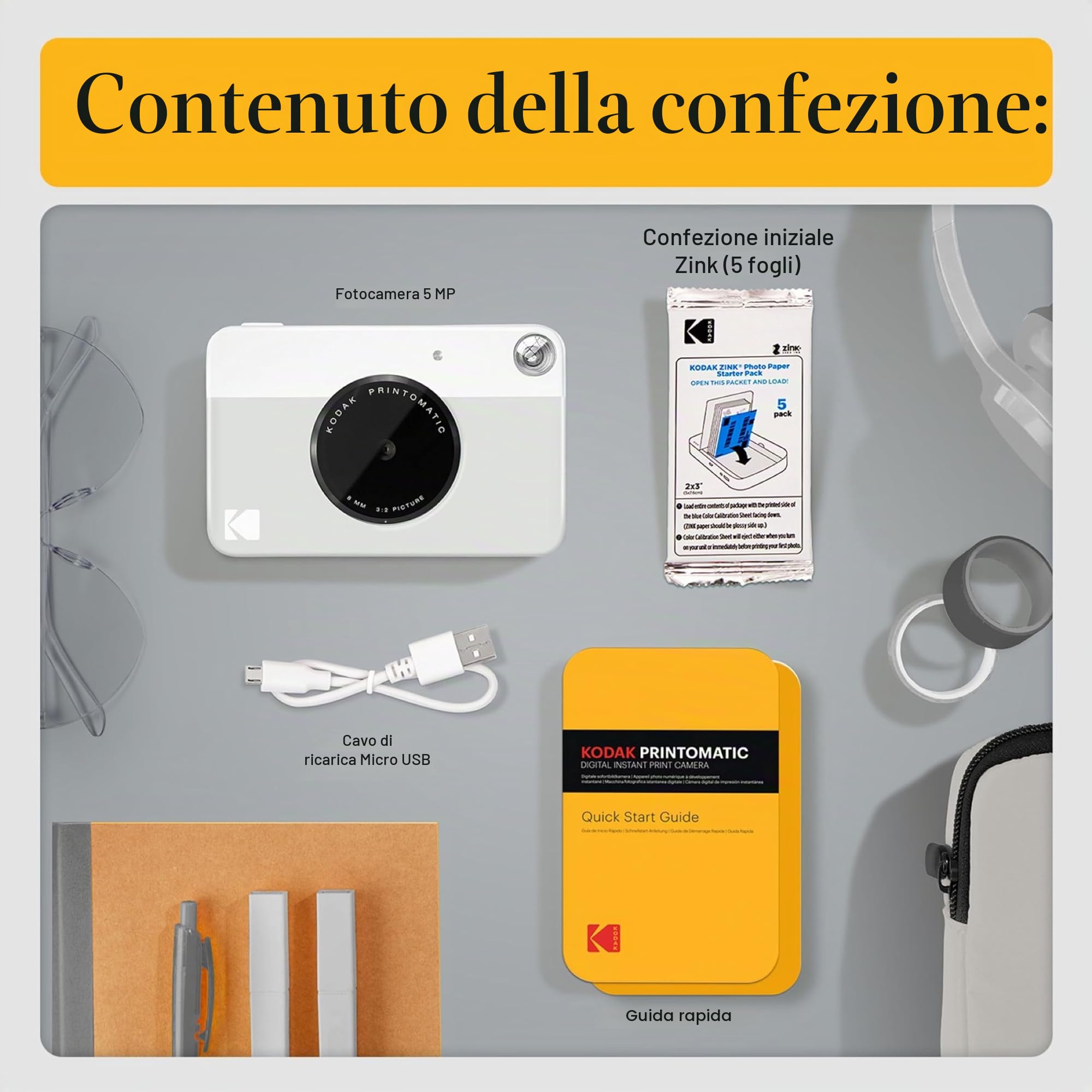 KODAK Printomatic Fotocamera istantanea (Grigio) Pacchetto all-Inclusive + Carta Fotografica Zink (20 Fogli) e Molto Altro