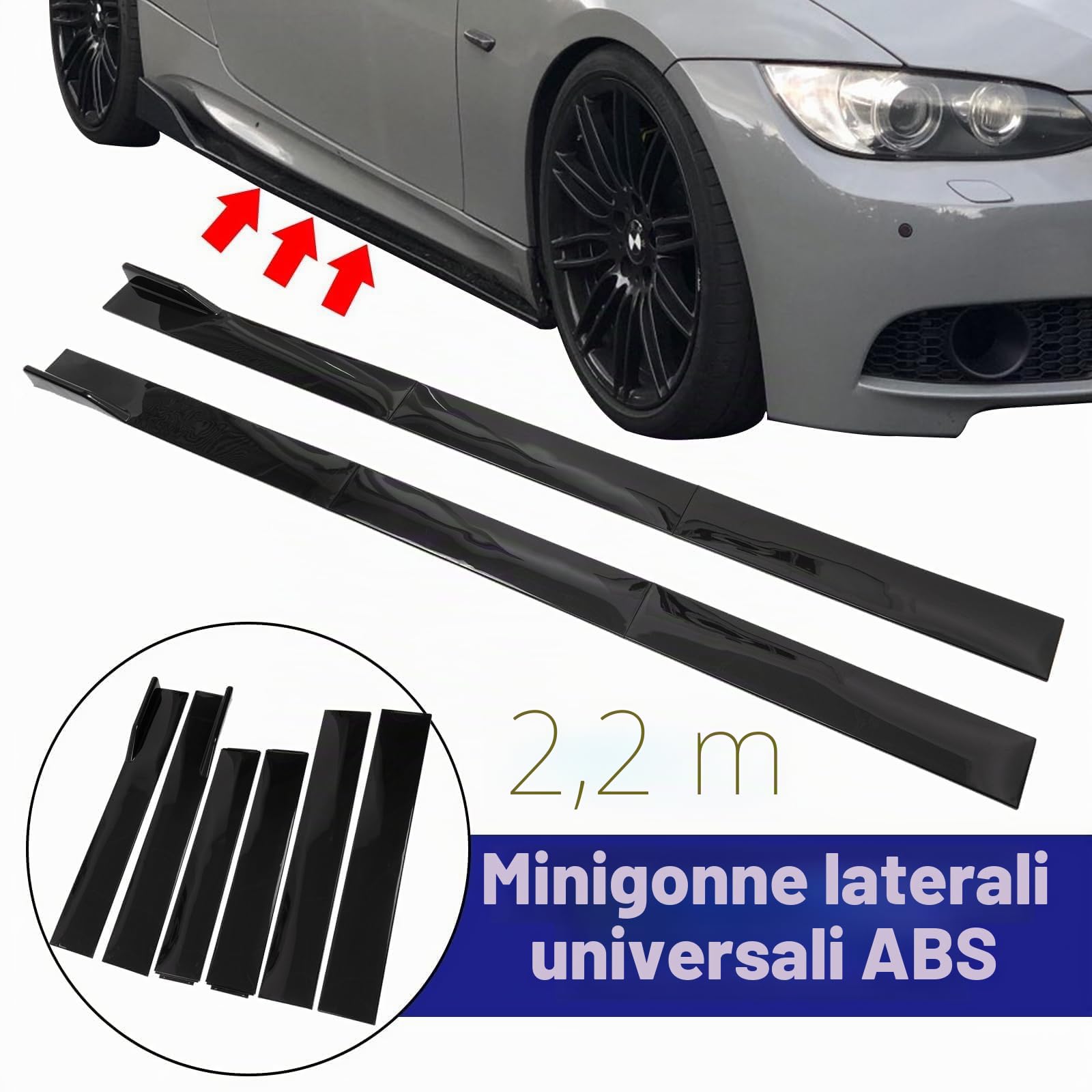 AUTOXBERT Estensione universale per minigonne laterali auto, 2,2 m, colore nero lucido, pannello di sdoppiamento per minigonne laterali universali