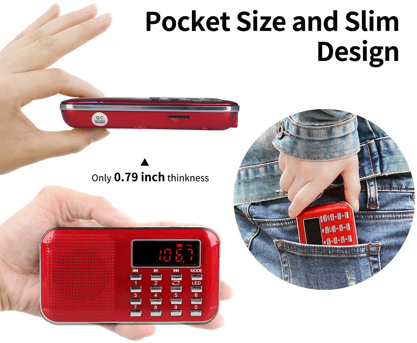 Raddy RF23 Radio Portable FM/AM Rechargeable avec Lampe de Poche, Grand Écran LCD, Lecteur MP3 Micro SD/USB, Batterie 800mAh, Rouge