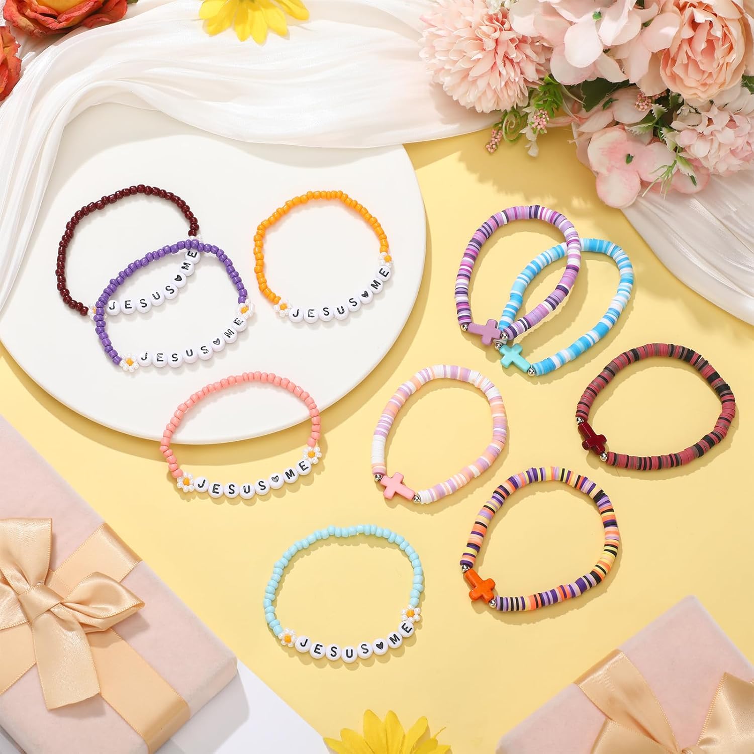 Tondiamo 60 Pcs Jesus Me Christian Bracelets Bulk Colorful Friendship Bracelet for Women Christian Religious Cross Elastic Beaded Wristband for Easter Church Reminder Jewelry Gift - Image 5