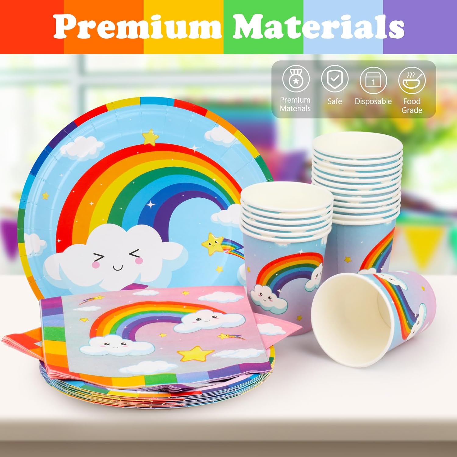 120 Pcs Rainbow Party Supplies Tableware Set with Paper Plates, Cups, Napkins Rainbow Birthday Party Decorations for Girls Boys Baby Shower Colorful Disposable Paper Tableware Set Serves 30 Guests - Image 7
