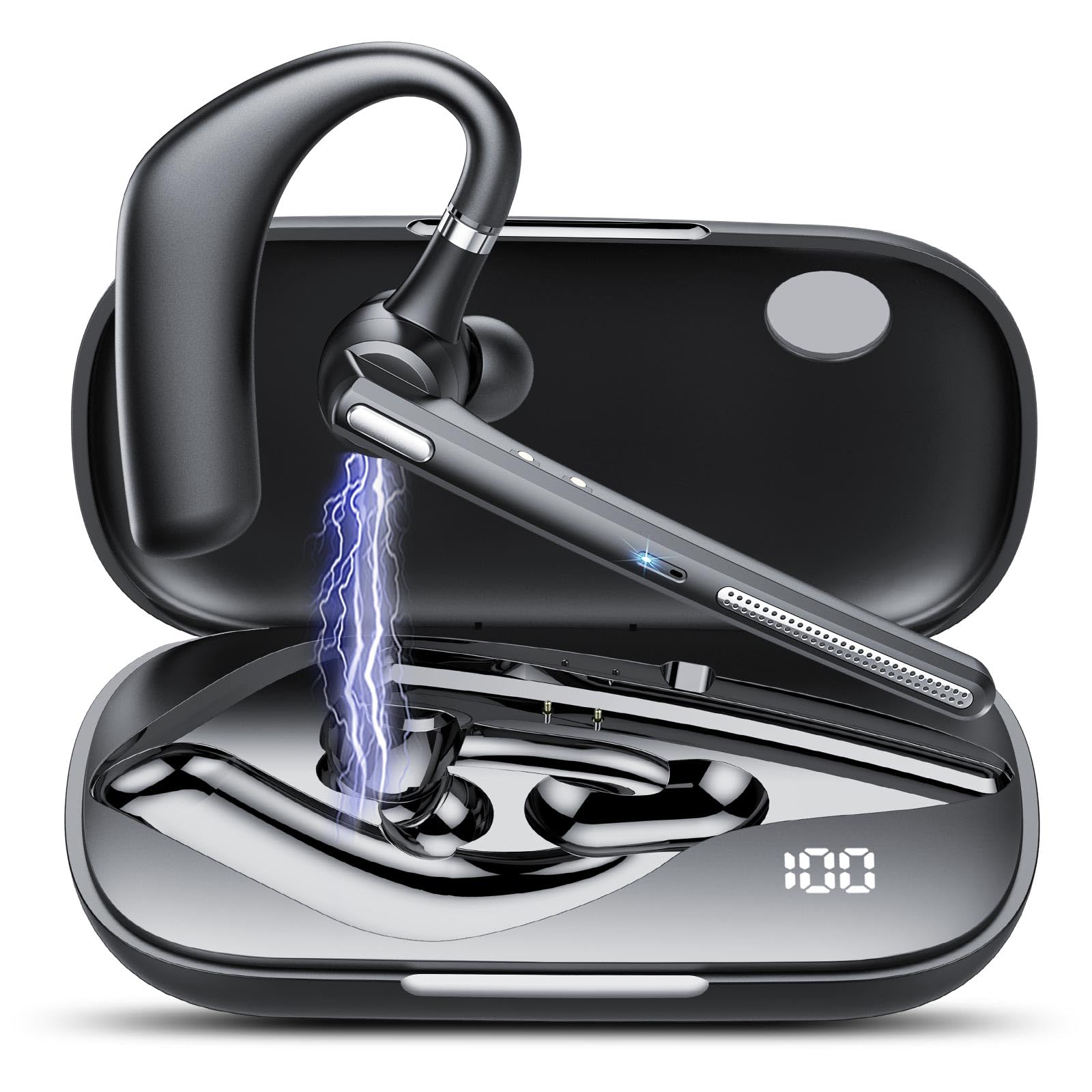 Manos Libres Auricular Bluetooth V5.3 con Doble Micrófono Cancelación, 60hrs Talk Auriculares Inalambricos Bluetooth con Conexión Para Dos Dispositivos, Pantalla LED, IPX7, Para Conducir/Negocios