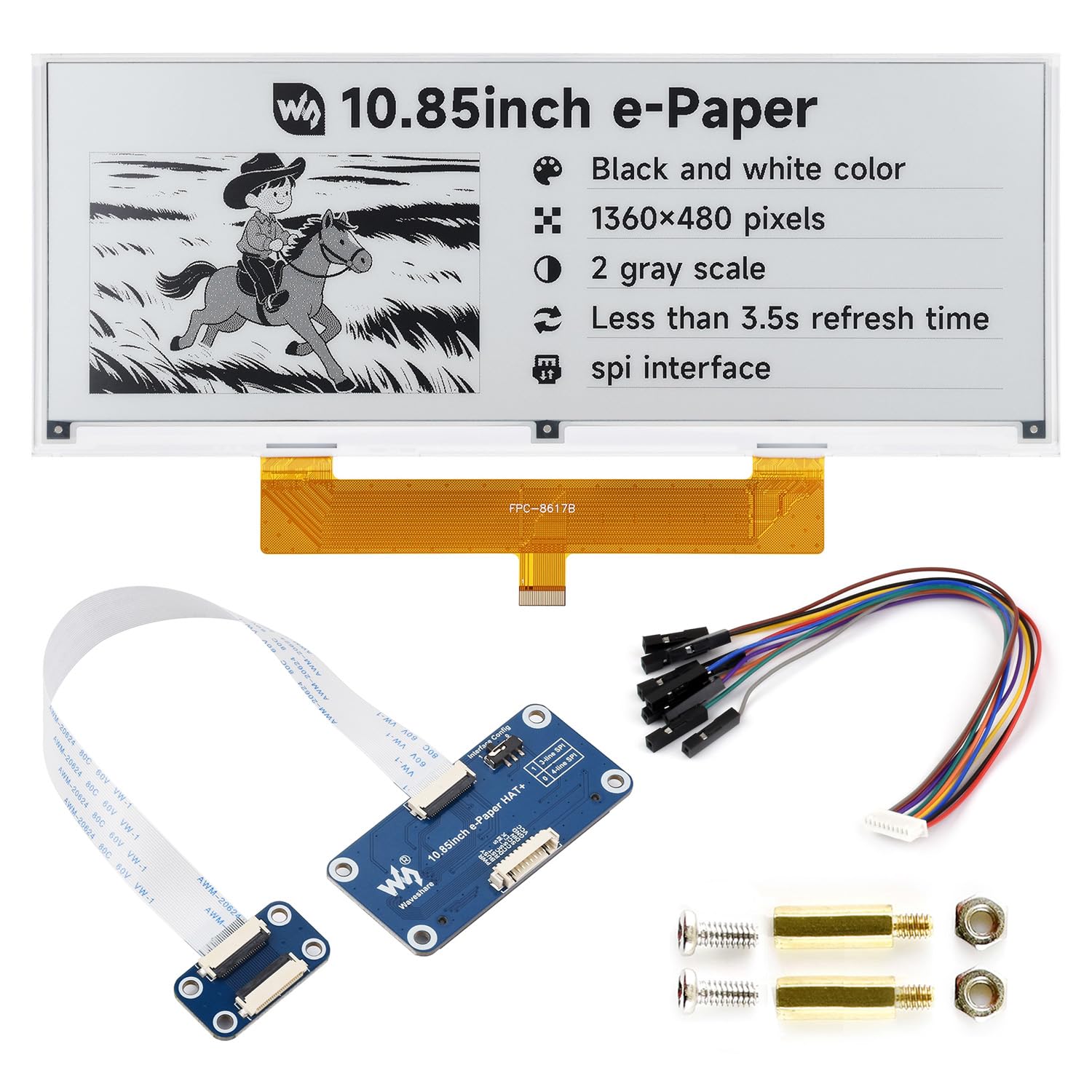 Waveshare 10.85inch e-Paper Display, Compatible with Raspberry Pi 5/4B/3B/Zero/Zero W/Zero 2W/Pico/Pico W/Pico WH, E-Ink Display, 1360 × 480, Black/White, SPI Interface, with Driver Board