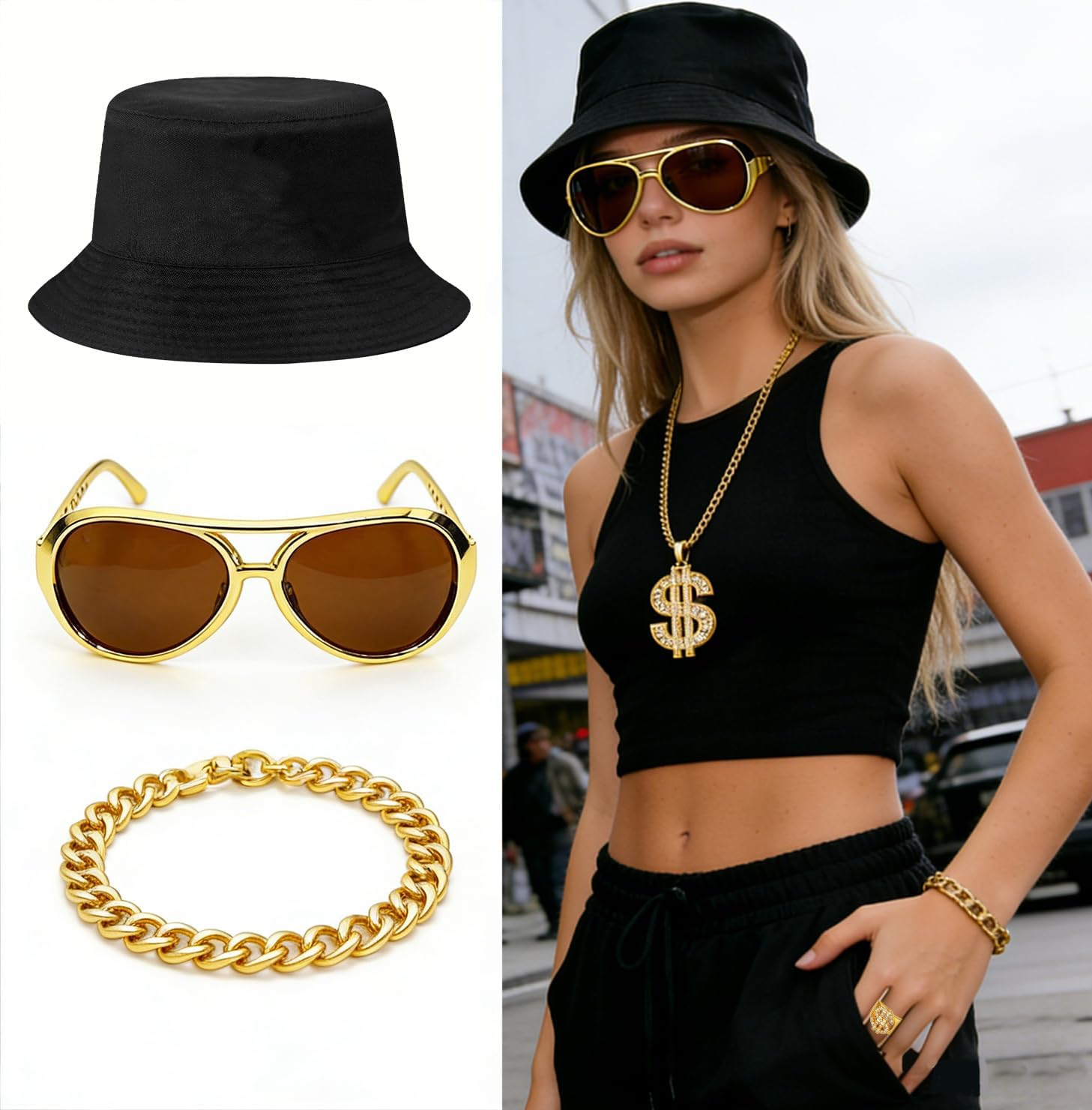 Hip Hop Costume Kit 80s 90s Rapper Accessories for Men Women Cosplay Yellow