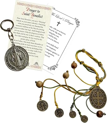 St Benedict Catholic House Blessing with Saint Benedict of Nursia Card, Keychain, Lords Prayer | Holy Patron Saint of Europe San Benito Bronze Home Door Hanger, Key Chain, Cards | Set of 4 Items