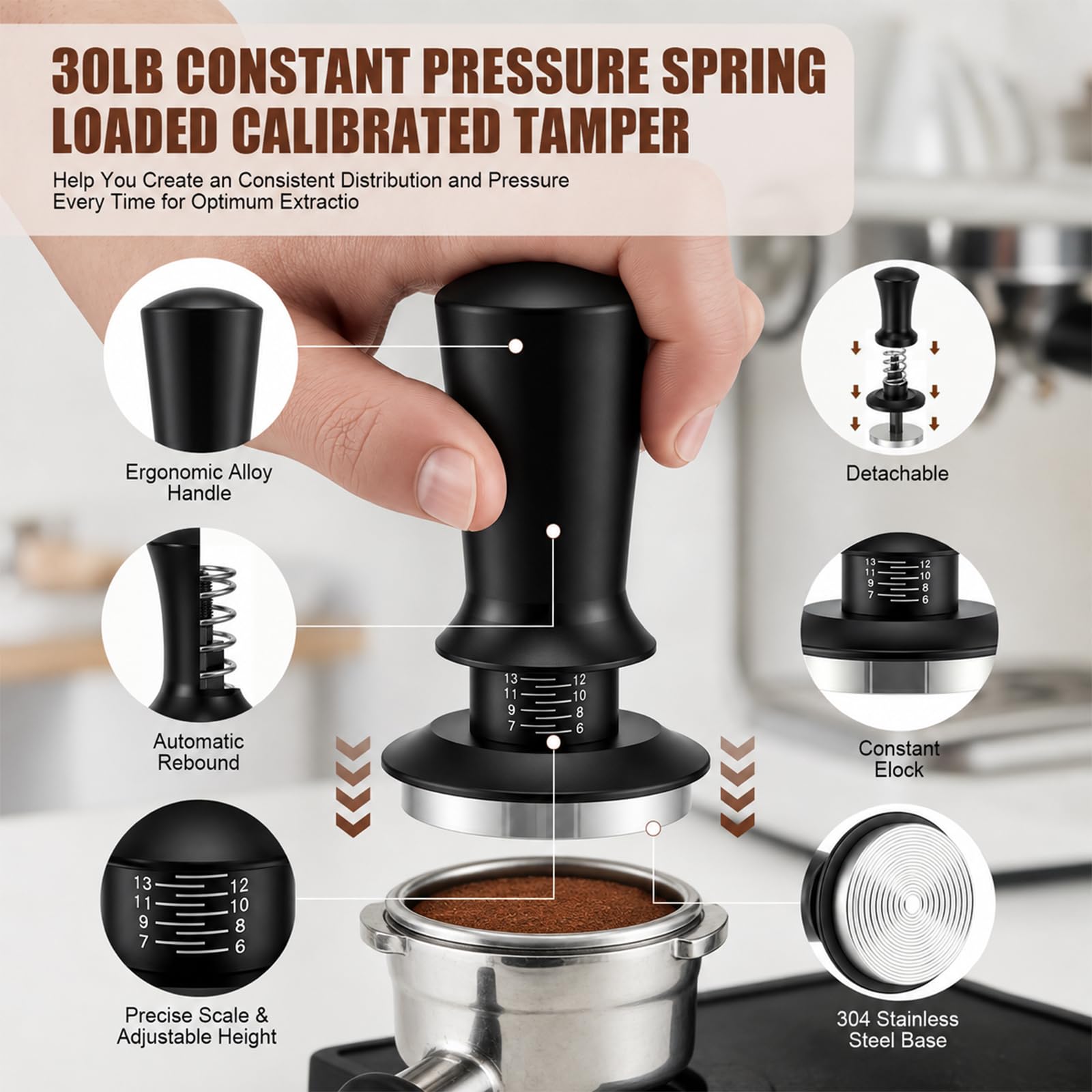 Set 7 Accesorios para Espresso, 58mm con Base de Madera, De Tamping, Herramienta WDT, Anillo Dosificador Magnético, Filtro y Cepillo