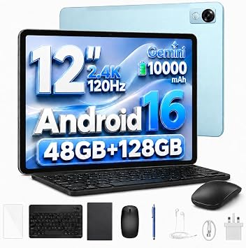P12 tablets 12 inch android, android tablets, 48GB RAM+128GB ROM/2TB TF, T7280 Octa-core, Gemini AI, IPS 2.4K 120Hz Display, 10000mAh/18W, 5G WiFi, 8MP+13MP, GPS, Face ID, OTG,Tablet with keyboard