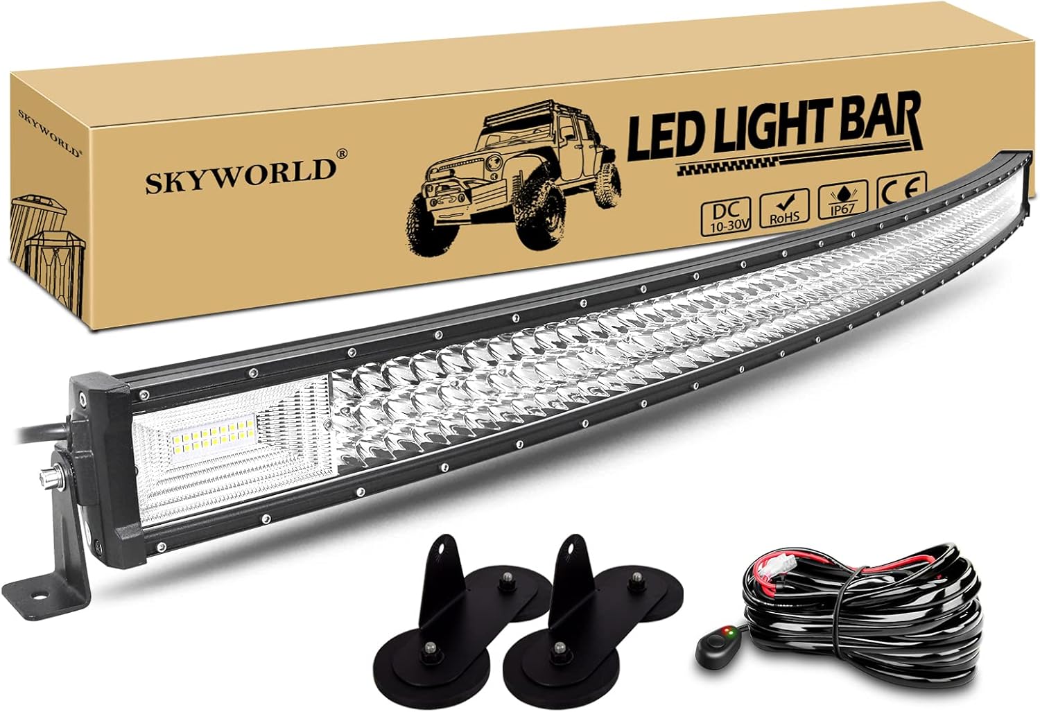 SKYWORLD 132 cm 52 inch 675W Gebogen ledlamp met 12v kabelharnas, LED-lichtbalken, offroad, rijden mistlichtbalk, 10 cm, 4 inch, 60 W, led-werklamp, koplamp voor 4x4 vrachtwagen, boot, tractor, auto